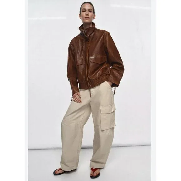 Zara ZW Womans Leather Bomber Jacket Coat Size XS Brown 5479/040 NWT - Picture 1 of 8